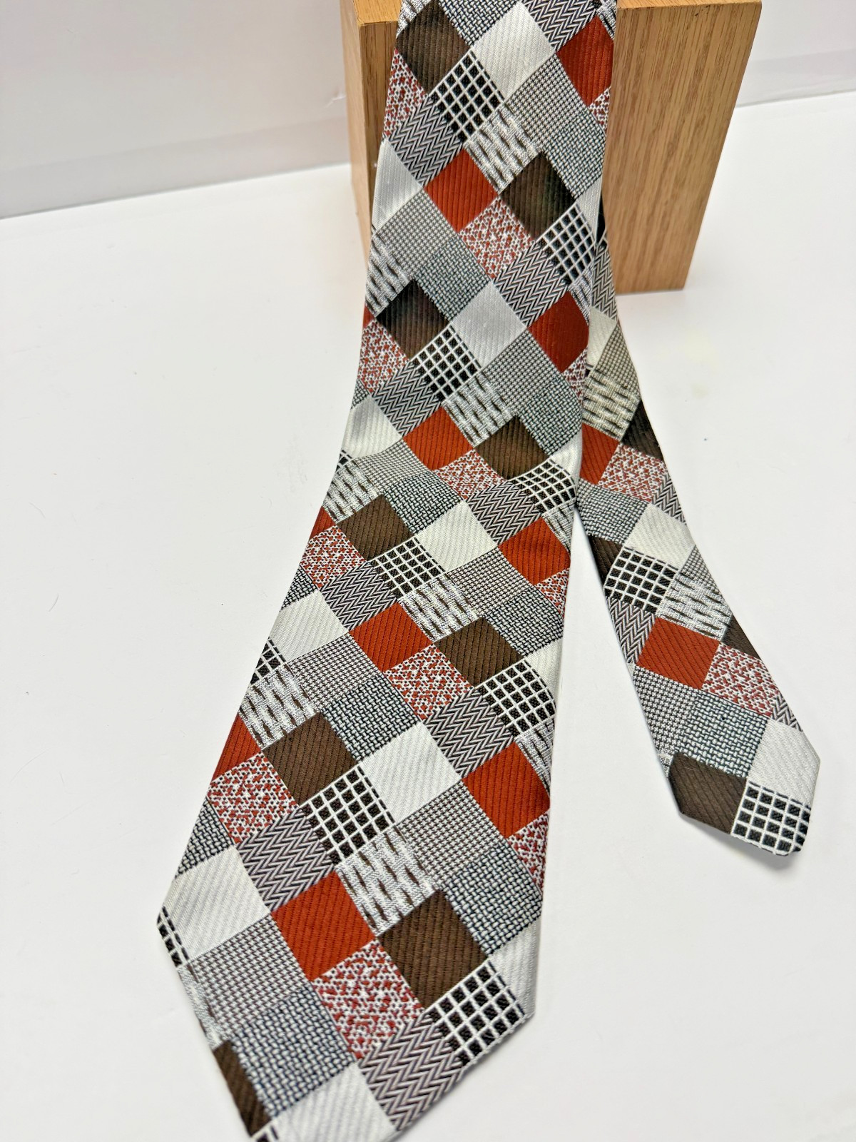 Geometric Patchwork Brown Rust Gray Wide Necktie … - image 2
