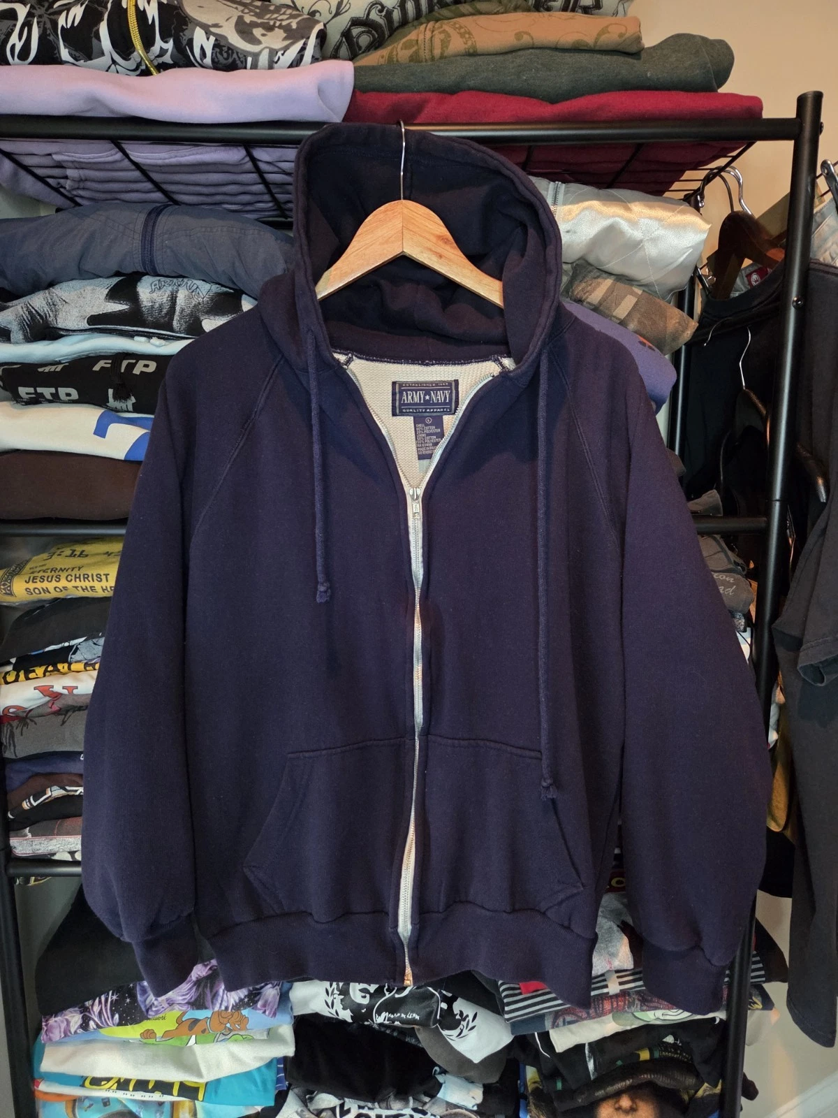 Vintage 90s Faded Blue Army Navy Thermal Lined Full-zip Hoodie L