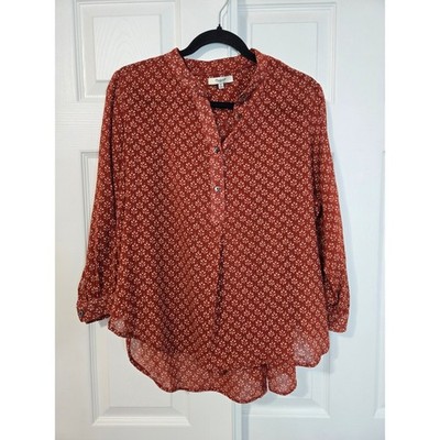 Madewell Rust Orange Block Print Cotton Gauze Henley Blouse B9274 Medium