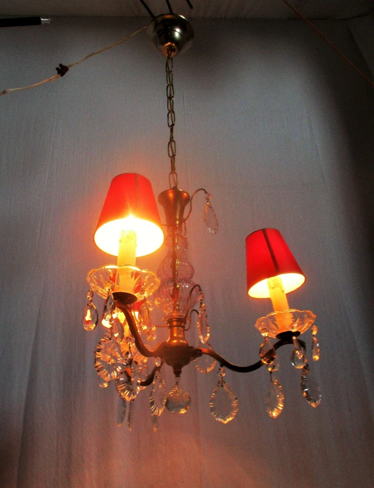 Brass Ornate Chandelier 3 Arms Lights Prisms Hollywood Regency Empire Red Shades - Image 2 of 4