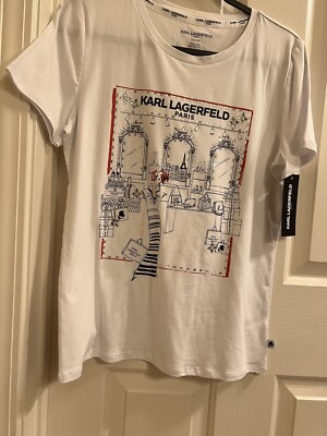KARL LAGERFELD PARIS Women's Fashion Sketch Girl Graphic Tee White Size S New!