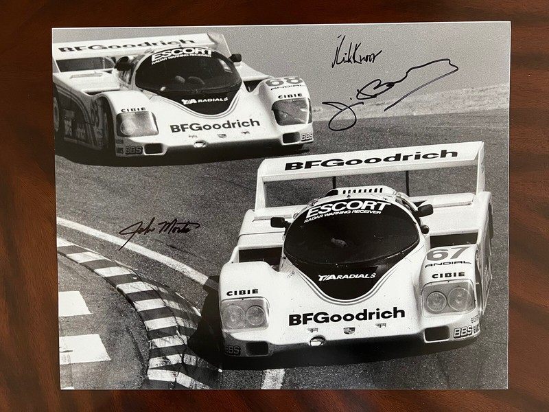 Jim Busby/ John Morton Signed 1985 IMSA Porsche 962 B F Goodrich 16”X 20” Photo