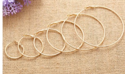 Pair Large Small Gold Silver Hoop Earrings Stud Pierced 6cm 8cm 10cm Ears  E103A - Main Image