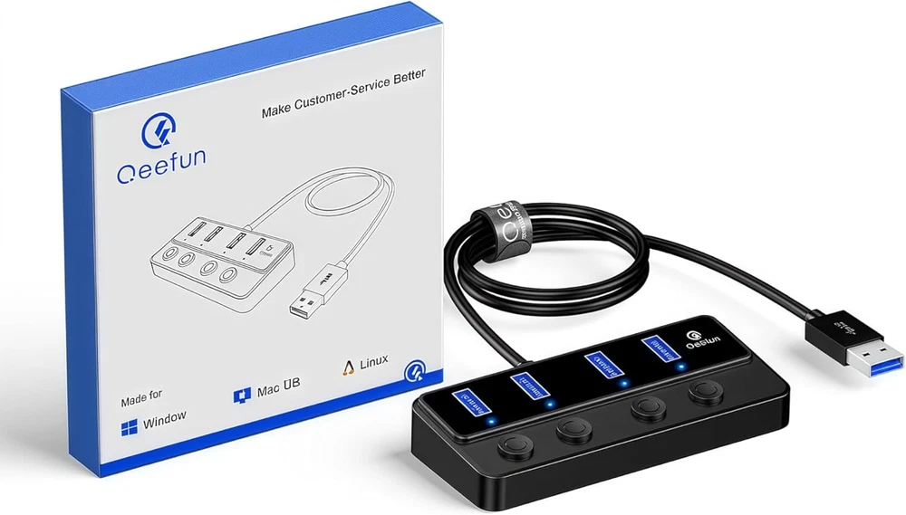 Qeefun 4-Port USB 3.0 Hub with LED Power Switches & 2Ft Extension Cable 5V Power Adapter