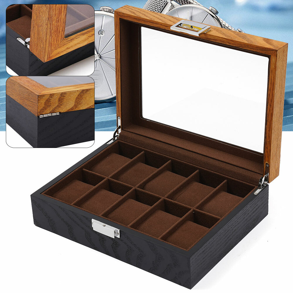 10-Slot Watch Box Wooden Organizer Top Glass Jewelry Storage  display picture 2