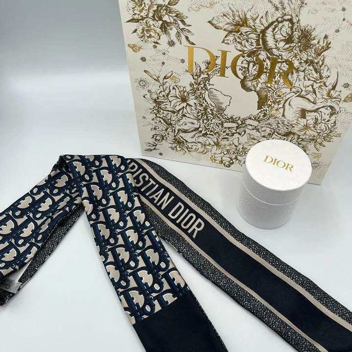 Christian Dior écharpe mini Mitza bleu marine soie sergé 6 x 105 cm accessoire de marque