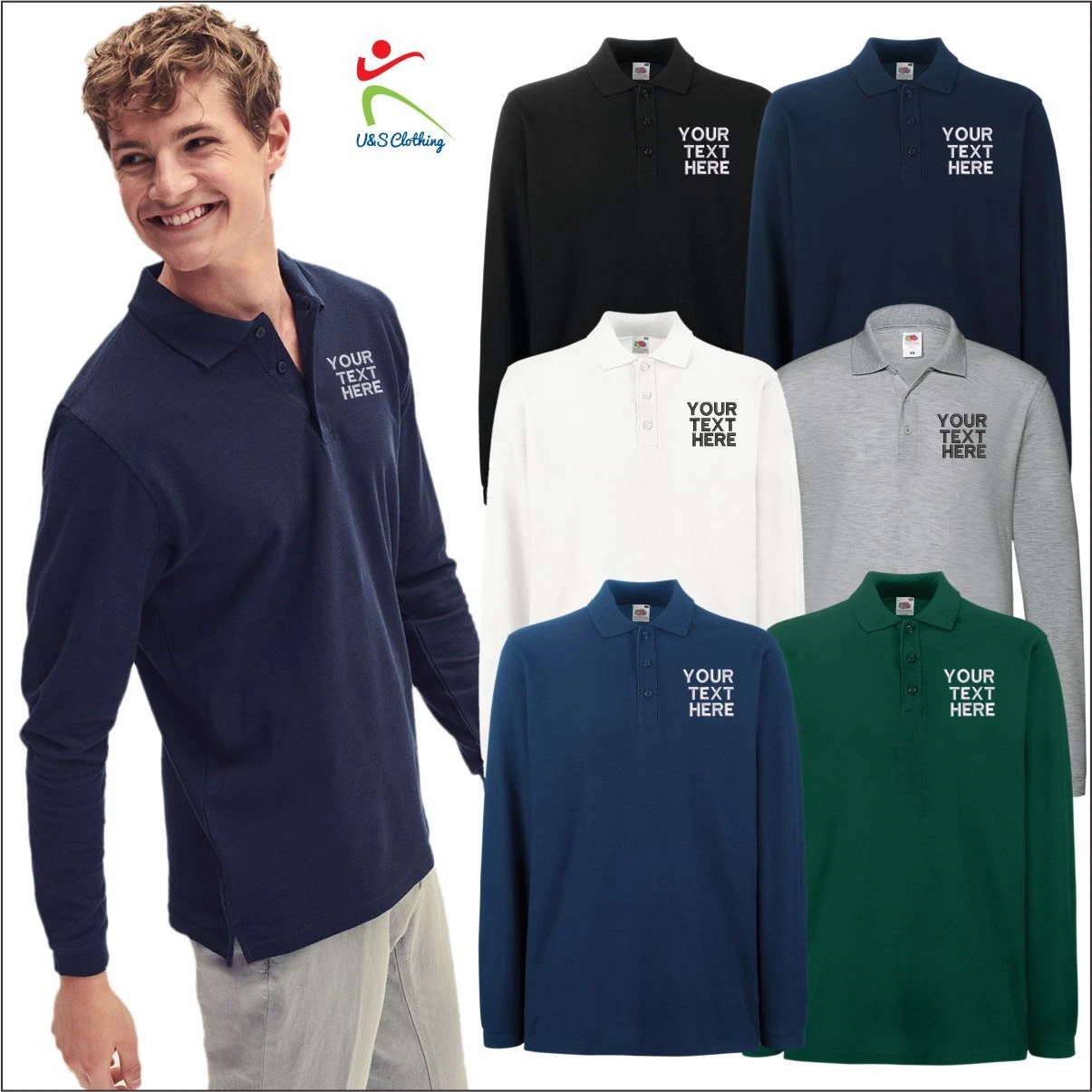 Fruit of the Loom Personalised Premium Long Sleeve Piqué Embroidered Polo Shirt