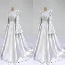 Vintage Muslim Wedding Dresses Satin Long Flared Sleeves Medieval Bridal Gowns