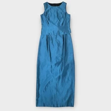 Jessica McClintock Blue Satin Sleeveless Maxi Gown Side Slit 2 Pc. Size 10 VTG
