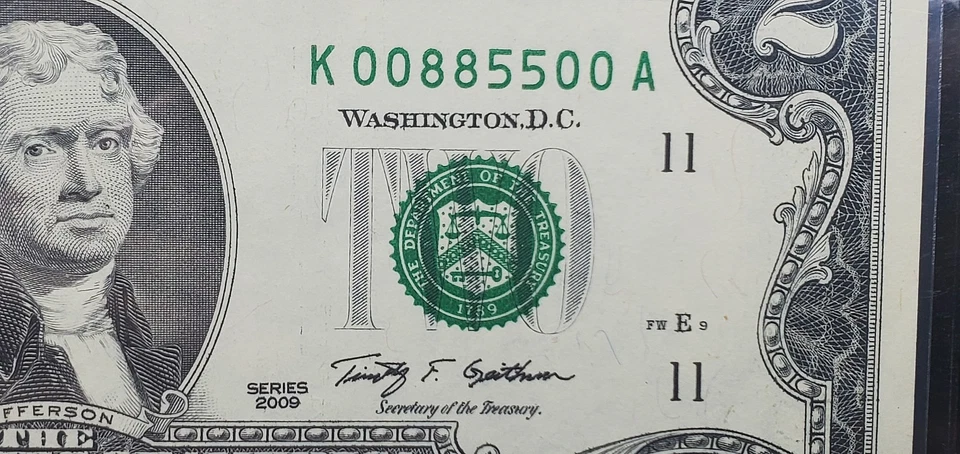 *SUPER COOL** Quad Doubles Serial# K 00885500 A Series 2009  $2 Note - Image 3 of 4