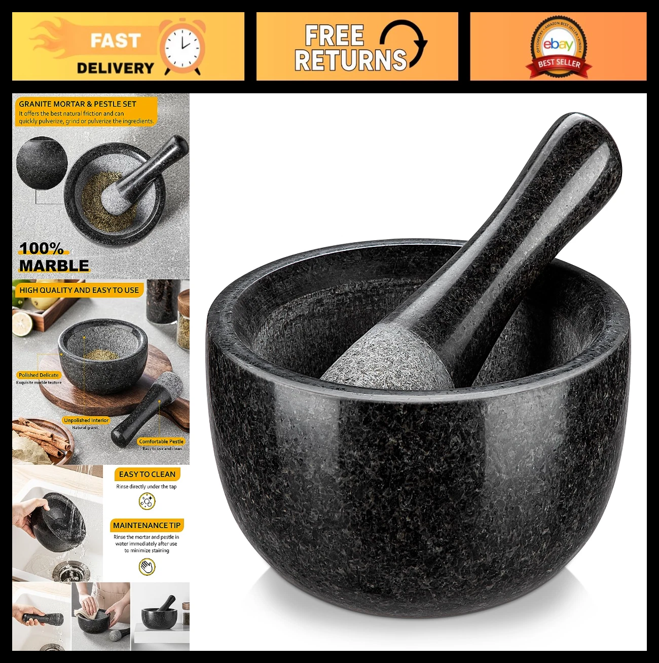Large Granite Mortar and Pestle Set - Natural Unpolished Herb & Spice Grinder, 1