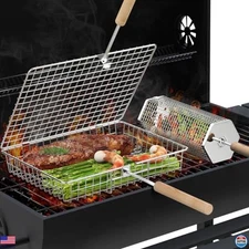 Ultimate Grill Basket Set - Removable Wooden Handle, 304 Stainless Steel Tools