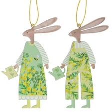 Gisela Graham Mimosa Wood Dressed Hare Hanging Decorations 13cm Set of 2 Spring