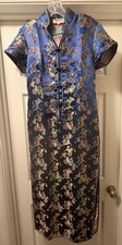 TANGYI Qipao Cheongsam Dress Sz 42 US 8-10 Navy Brocade Floral Button Satin