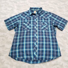 Wrangler Western Shirt Mens XL Blue Pockets Pearl Snap Short Sleeve Plaid Rodeo