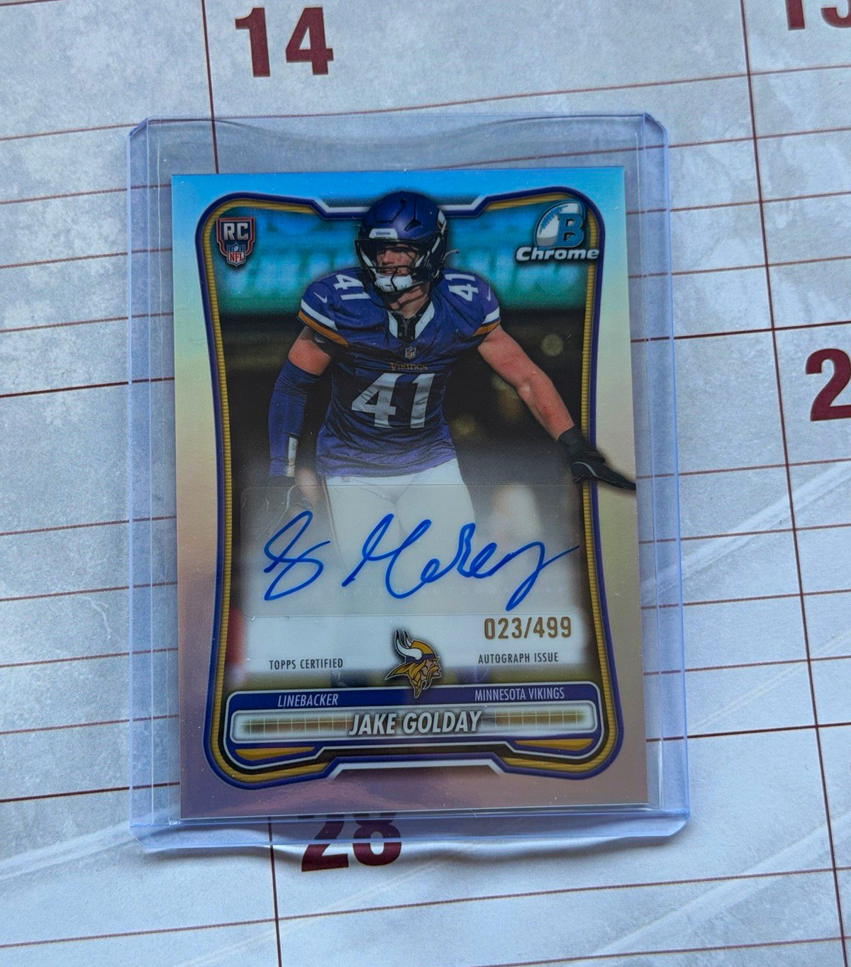 Topps Bowman Chrome Football 2026 Jake Golday Vikings RC Auto Refractor /499