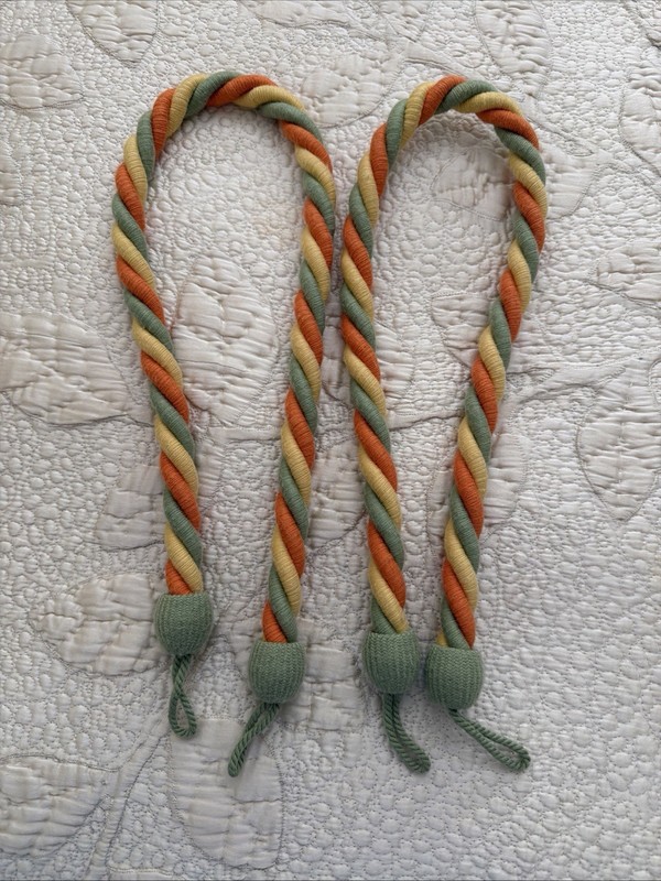 Set of 2 New Curtain Tiebacks  Yellow Orange Olive Twisted Rope Curtain Holdback