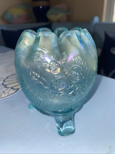 Vintage NORTHWOOD Ice Blue  Fine Cut And Rose Fancy Footed Bowl Carnival Glass
