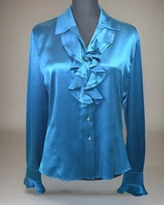 NWT $395 ST. JOHN Silk Charmeuse Cascading Ruffle Top 8 | Turquoise K911W01