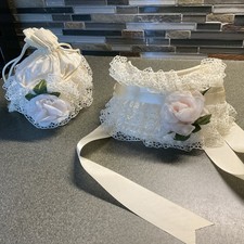 1950s Baby/Girl Cream Lace with Pink Roses Bonnet With Matching Drawstring Bag
