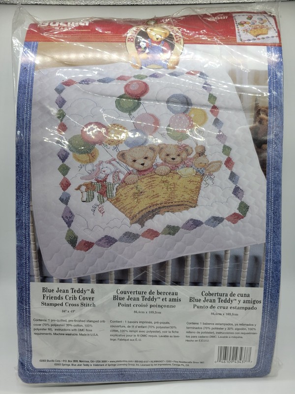 Bucilla 2003 Baby Blue Jean Teddy & Friends Crib Cover Cross Stitch Kit NIP