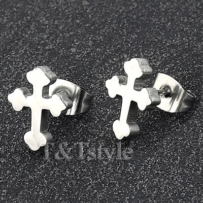 T&T Stainless Steel Polished CROSS Stud Earrings NEW