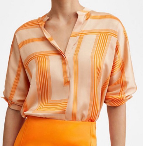 MANGO MNG Satin Print Blouse Tunic Orange Oversized Long Sleeve Imported Size 6 - Picture 3 of 13