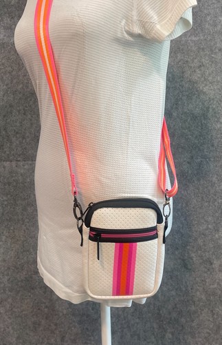 Haute Shore Women's Neoprene Crossbody Bag White Pink Orange Stripe Sling Bag - Picture 2 of 11