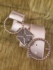 Elite Accessories USA metallic leather belt ornate brasstone hoop buckle
