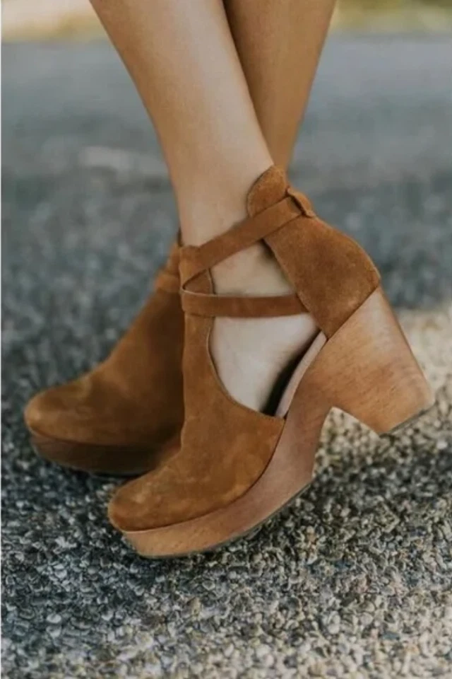 NUEVO 38.5/8.5 $198 Free People Zueco Plataforma Entrecruzado Marrón Gamuza - Madera Foto 4 de 4