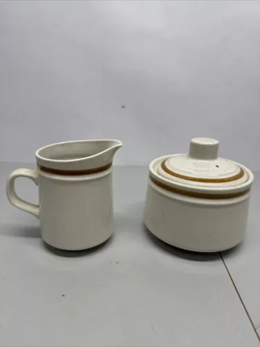 Old Brook Collection Stoneware Sugar Bowl W/Cover And Creamer Made In Japan