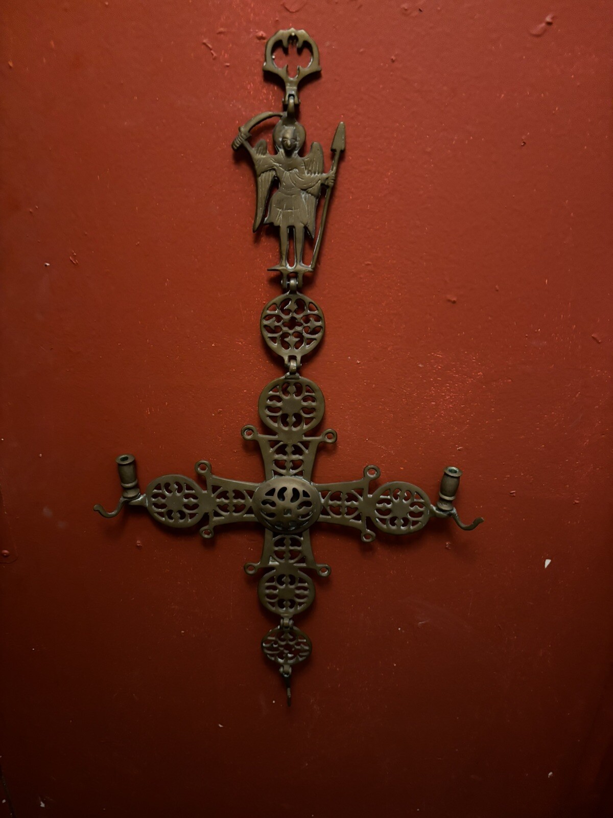 Antique Brass Religious Cross Byzantine Empire Candle Holder Altar Church Piece 