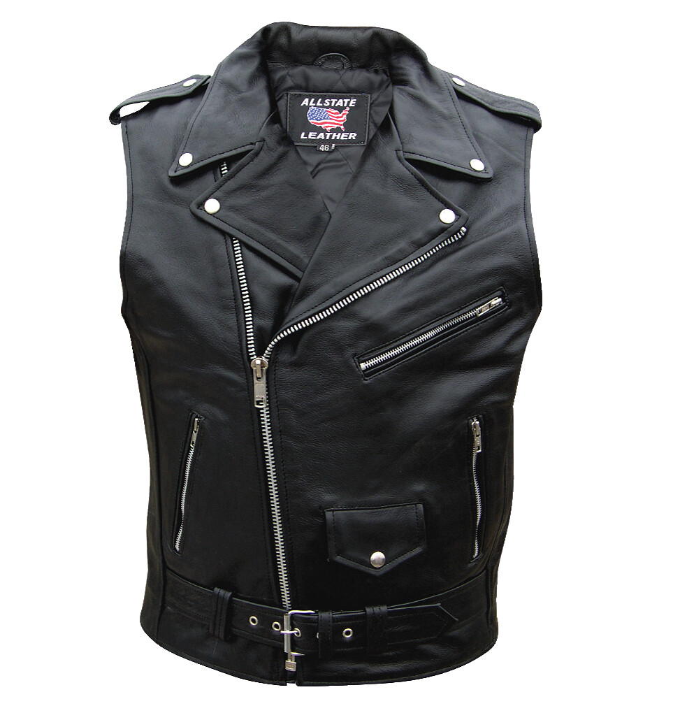 Mens Sleeveless Buffalo Hide Leather Motorcycle Jacket 6 Pockets