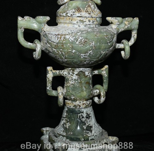 10" Old Chinese Jade Carving Fengshui 2 Dragon Ear Statue Incense Burner Censer - Picture 7 of 21