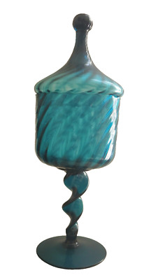 Vintage 12  Empoli Italy Teal Blue Pedestal Glass Apothecary Jar Twist Stem Lid