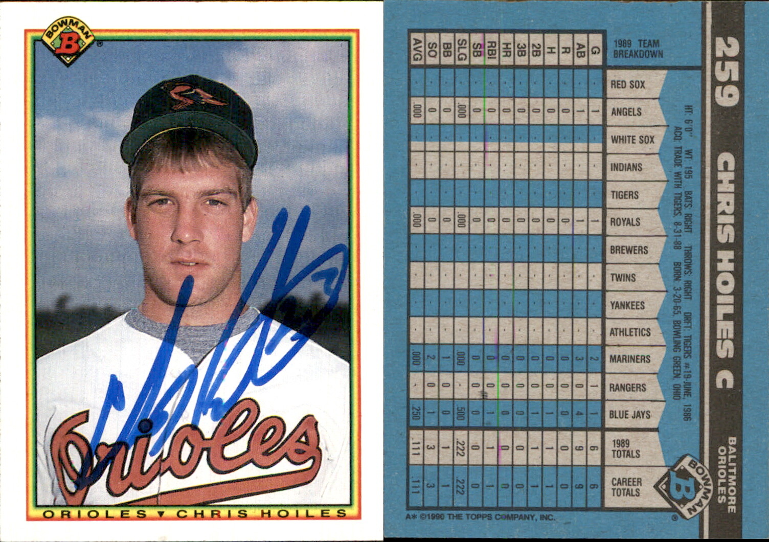 Chris Hoiles Signed 1990 Bowman #259 Card Baltimore Orioles *Autograph Den* Auto