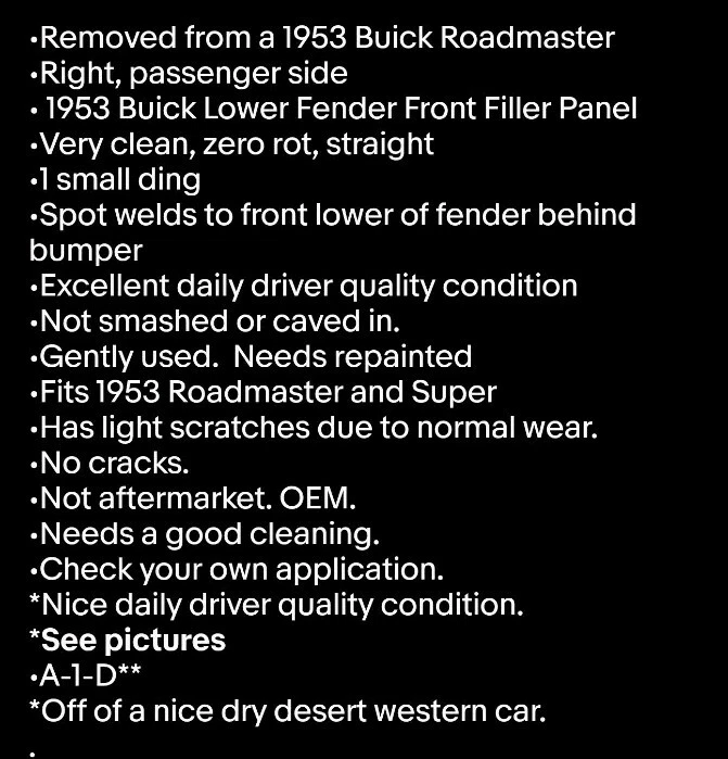 Buick 1953 guardabarros inferior panel de llenado delantero Roadmaster Super 53 lado del pasajero  Foto 2 de 4