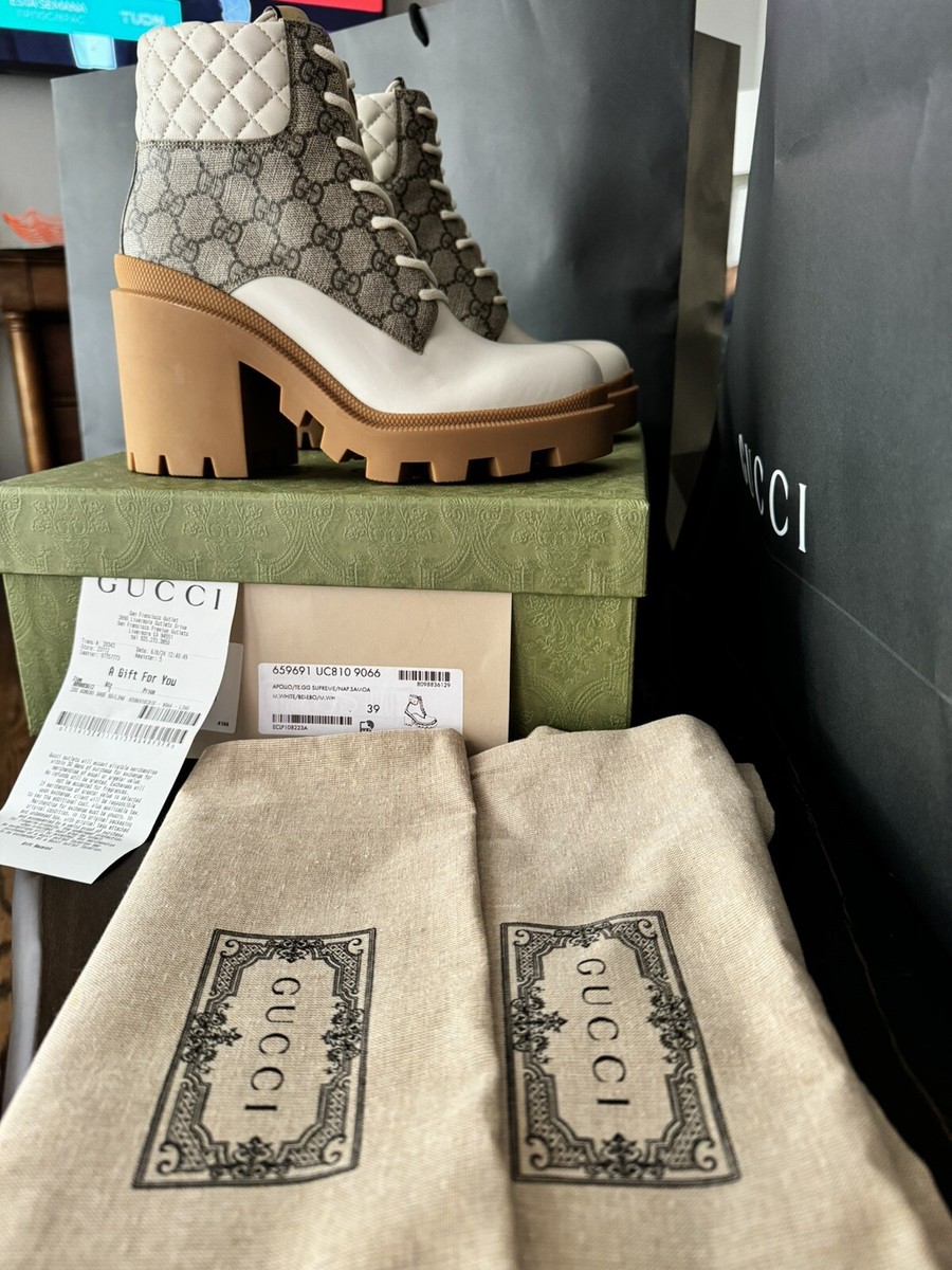 Gucci Women Lace up Heeled Ankle boots GG coated Canvas with Gucci Women Lace up Heeled Ankle boots GG coated Canvas with