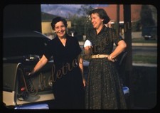 Women Smiling Car 35mm Slide 1950s Red Border Kodachrome Dresses Fashion