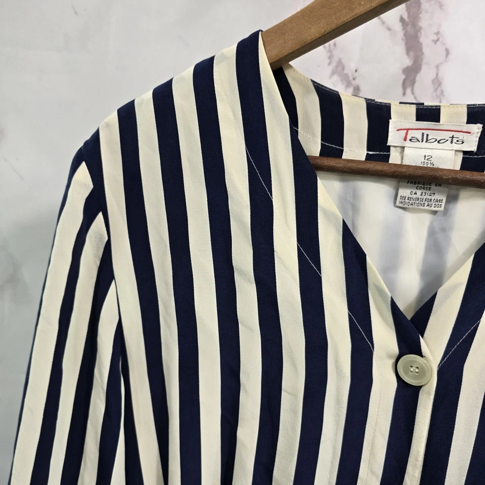 Vestido de seda vintage para mujer grande 12 azul marino crema blanco midi maxi talbots a rayas  Foto 2 de 4