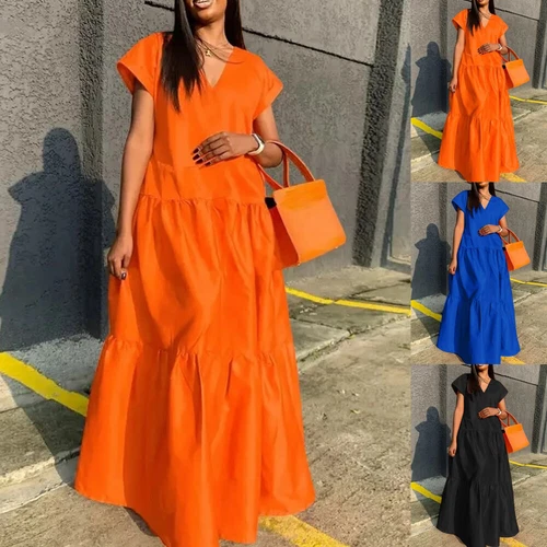 Plus Size V Neck Baggy Maxi Dress Women Short Sleeve Kaftan Casual Long Dress - Bild 16 von 27