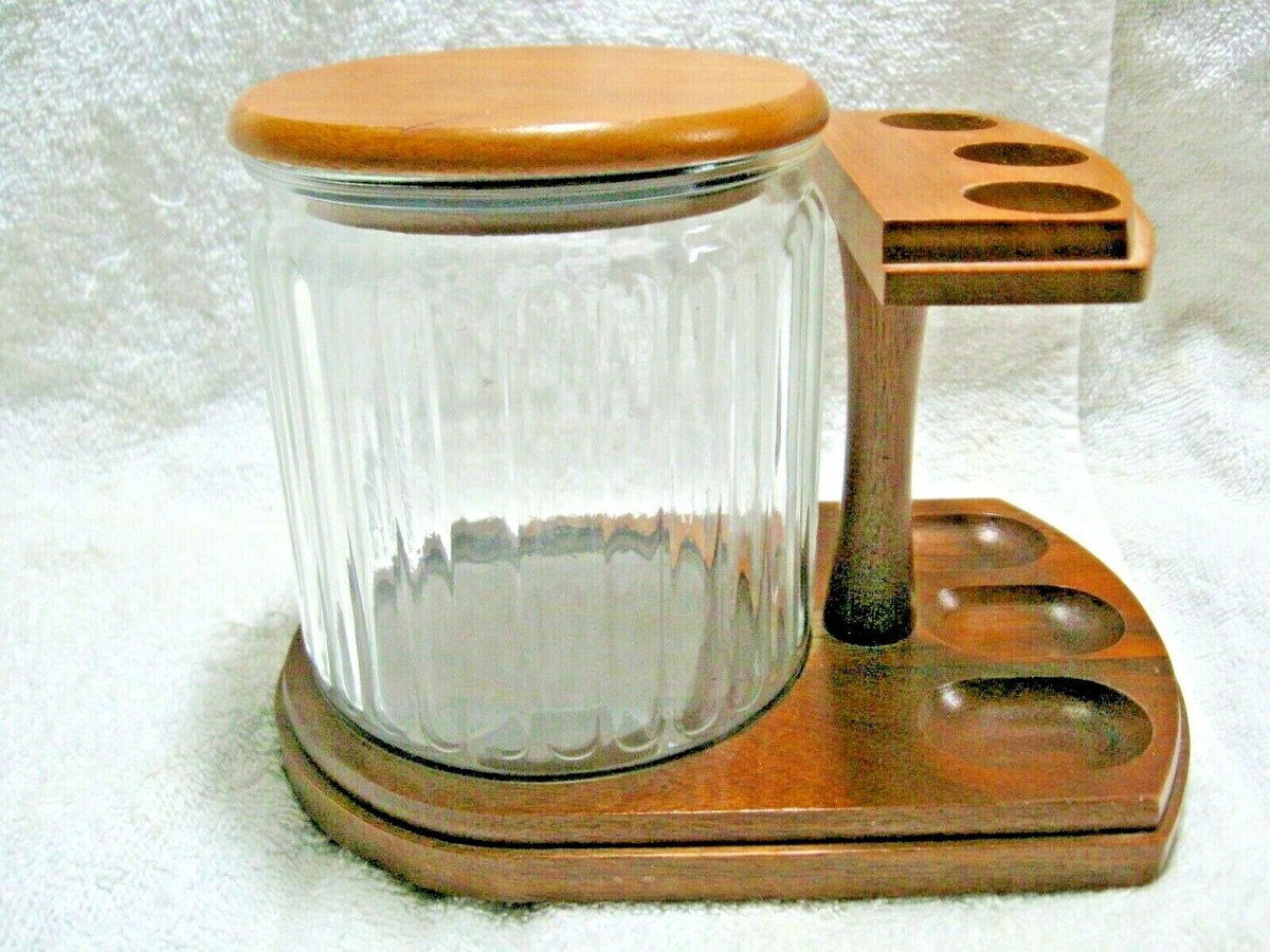 vintage pipe and tobacco holder Vintage Wood 3 PIPE HOLDER & Glass TOBACCO CANISTER-Smoking  Parlor-Tavern-Cabin!