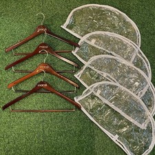 Vtg Set Of 4 Macys Wooden Suit Hangers Gold Metal Hooks Trouser Bar w. Covers