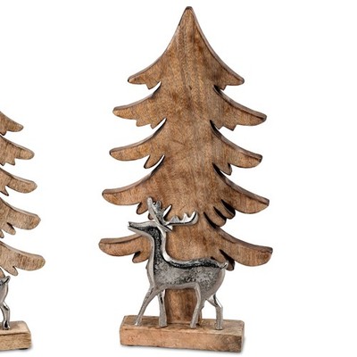 Dekofigur Baum mit Hirsch H. 42cm silber natur aus Alu + Mango-Holz Formano WA