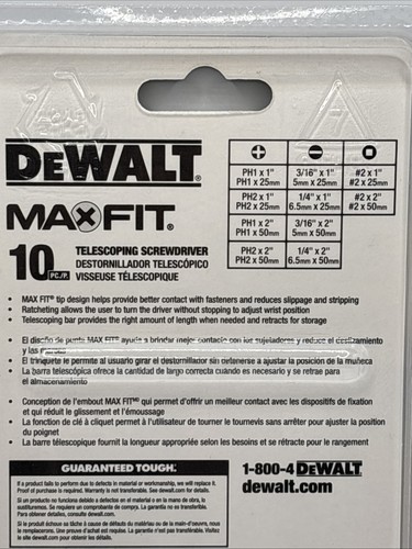 New Tough DeWalt MAX-FIT TELESCOPING SCREWDRIVER 10 PC Multi-Bit Set #DWHT68001 - Picture 6 of 7