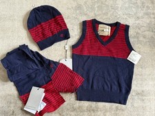 Siviglia Kids Knit Blue Red Vest Hat Scarf Set Size 2-4 Made In Italy BNWT
