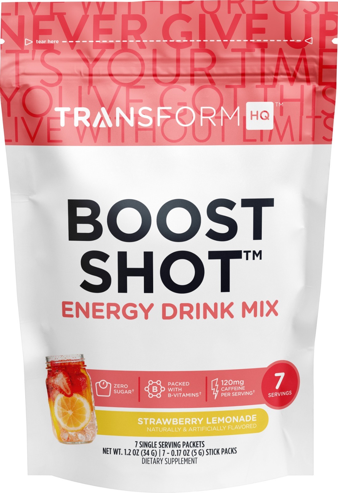 TransformHQ Boost Shot Powder Stick Packets, Strawberry Lemonade Energy - 7 Pack