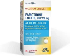 Glenmark Famotidine 20mg Acid Reducer Tablets 200 Count Heartburn Relief OTC