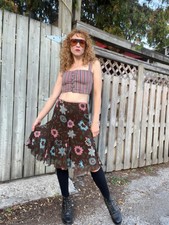 TRISTAN  ISEUT Vintage 1990s Floral Cr pe Chiffon A Line Skirt with Velvet Tri