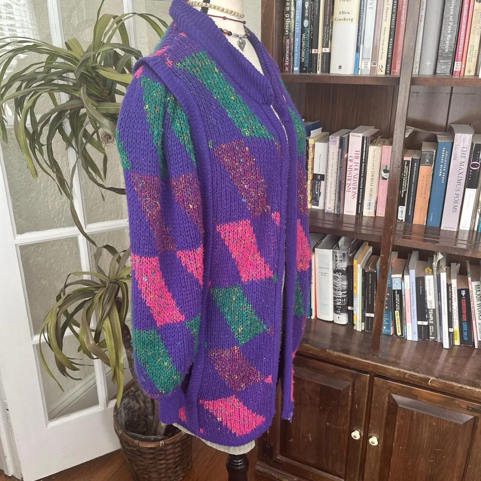 Suéter feminino roxo vintage anos 80 acrílico arco-íris para Joyce tamanho médio - Imagem 3 de 4